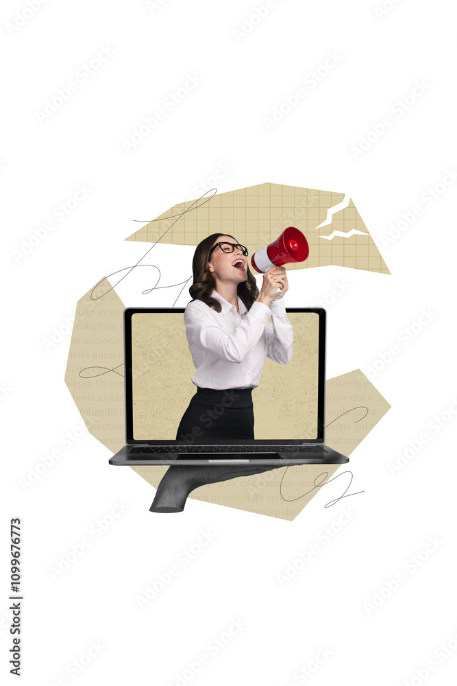 Poster image collage sketch of arm hold modern netbook gadget funny girl on monitor announcing news isolate
