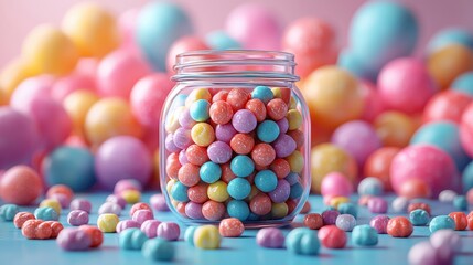 Colorful Candy Jar Filled with Bright Round Sweets Surrounded by Soft Pastel Balls Creating a Playful and Cheery Atmosphere for Any Dessert-themed Concept