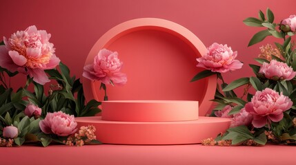 Modern aesthetic peony bloom floral podium abstract scene. Empty stage minimalistic boho design background. Stand product showcase.