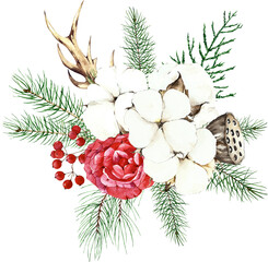 watercolor christmas bouquet cotton, conifers