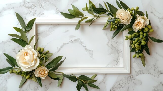 Create lasting memories wedding memory frame layout with cream roses and olive branches in bright clean space - Powered by Adobe