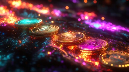 Colorful crypto coins glow, neon lights, vibrant digital aura, futuristic financial technology imagery.