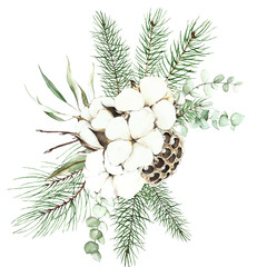 watercolor christmas bouquet cotton, conifers