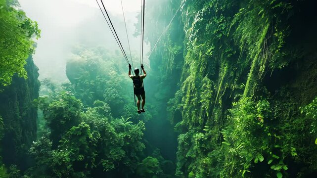 Adventurous couple ziplining through a tropical rainforest, with towering trees and dense foliage below. . 4K Video