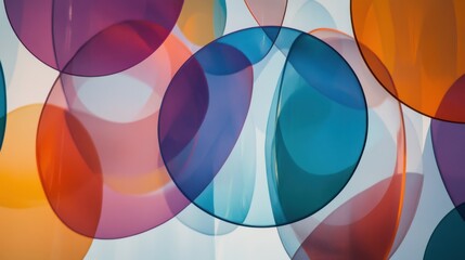 A series of overlapping transparent circles in various colors, Representing the blending of cultures and perspectives, photography style