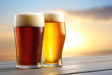 Two glasses of beer in contrasting colors stand on a wooden table, capturing the glow of a beautiful sunset by the water. The rich amber and golden hues reflect a moment of relaxation