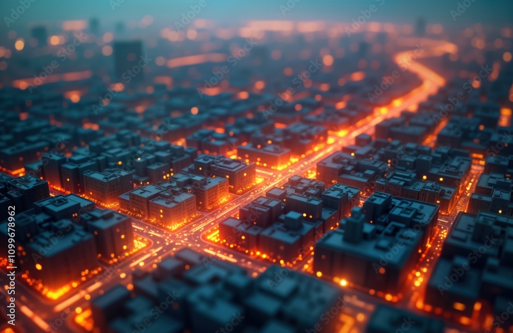 Poster cityscape tech model shows urban infrastructure with bright orange data streams illuminating communi