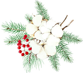 watercolor christmas bouquet cotton, conifers