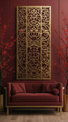 Luxurious red and gold interior with cherry blossoms and ornate gold screen, blending traditional and modern aesthetics.
