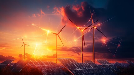 Renewable Energy Sunset Wind Turbines Solar Panels