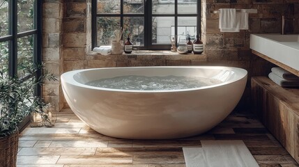 Fototapeta premium Elegant modern bathroom with a freestanding tub and natural light in a cozy setting