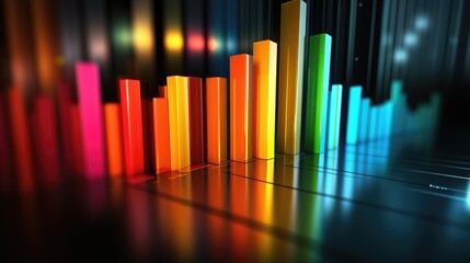 Obraz premium A 3D bar chart with tall bars in sleek metallic colors on a dark background, casting subtle reflections, symbolizing business growth metrics