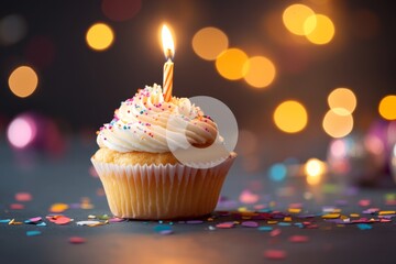 classic Happy Birthday greeting card with a cupcake and candle, surrounded by party decorations and confetti