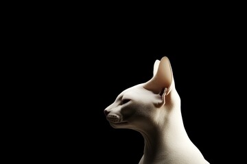 A hyper-realistic portrayal of a Sphynx cat reveals its facial features against a solid black background, highlighting the elegance of its profile