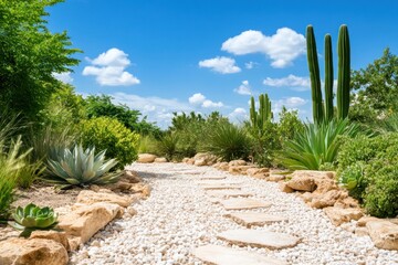 Fototapeta premium A peaceful garden pathway meanders through lush greenery, showcasing a variety of cacti and succulents. The sunlight highlights the natural beauty against a backdrop of a clear blue sky
