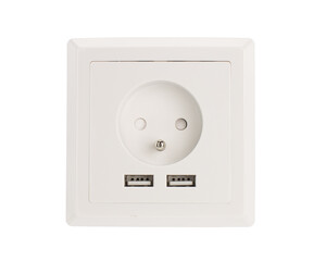 Modern white wall power socket featuring a standard outlet and two integrated USB charging ports...