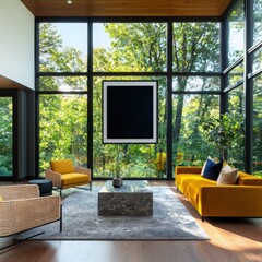 Obraz premium Showcasing luxury minimal black artwork frame with yellow velvet seating in a modern living room environment