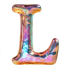 A colorful, glossy letter "L" with a reflective surface in vibrant hues.