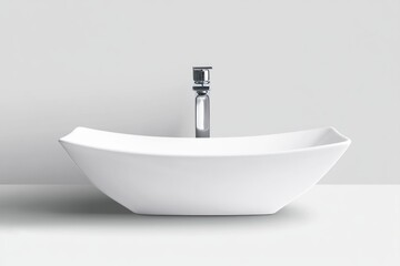 Sleek white sink with an elegant chrome faucet sits isolated against a clean white background, highlighting its modern design suitable for any stylish bathroom setting