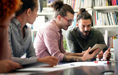 Happy software developers working on meeting, Programming advanced code artificial intelligence.