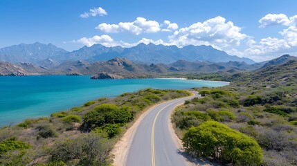 Coastal drive along serene shoreline scenic bay aerial photography natural landscape inviting vista