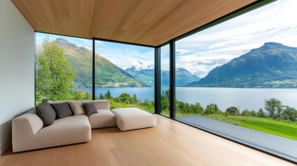 Fototapeta premium Lakeside house with a glasswalled living room, showcasing panoramic views of the water and mountains beyond glass house, lake and mountain view