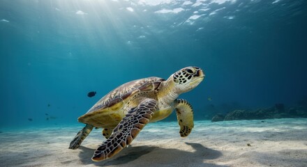 Obraz premium Graceful sea turtle gliding through clear ocean waters