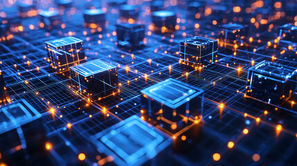 Abstract 3D rendering of glowing blue and orange data cubes interconnected on a complex network visualizing a futuristic digital system or blockchain technology