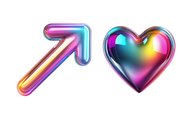 Vibrant gradient inflated arrow and heart icons with iridescent hues on transparent background