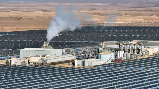 Solar thermal collectors solar panels farm, Aerial view