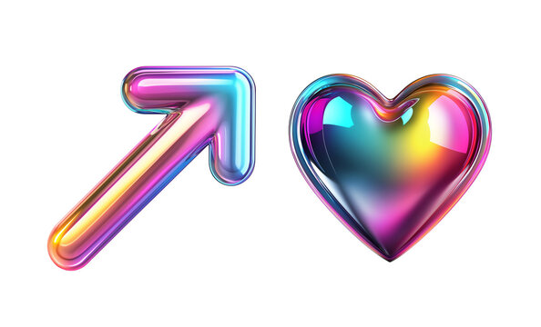 Vibrant gradient inflated arrow and heart icons with iridescent hues on transparent background - Powered by Adobe