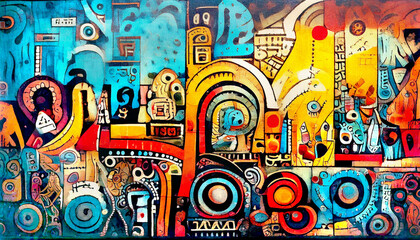 Obraz premium アンティークで民族的な古代模様をカラフルにペイントしたテクスチャ素材