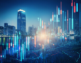 Abstract glowing big data forex candlestick chart on blurry city background.