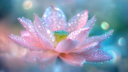 Fototapeta premium A breathtaking close-up of a flower with crystal-clear water droplets clinging to its surface, set against a softly blurred background of greenery