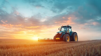 Fototapeta premium Tractor harvesting wheat at sunset rural field agriculture photography scenic view nature's beauty