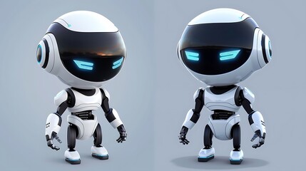A cute, futuristic robot character with a glossy finish and glowing features, designed for playful or tech-related contexts.