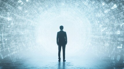 Obraz premium A professional standing in a ring of language symbols, glowing against a clean white backdrop