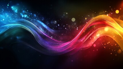 Obraz premium Abstract colorful wavy lines with glowing particles on dark background.