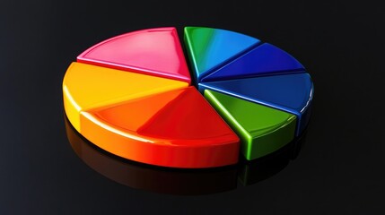 Obraz premium A circular, multi-colored pie chart with reflective segments, designed on a black background, showing business share distribution