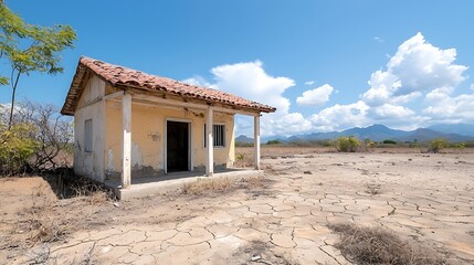 Abandoned house in arid landscape remote location photography dry environment wide angle view desolation theme