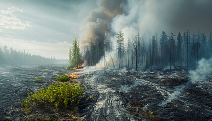 A thriving woodland beside a barren, blackened expanse with lingering smoke, depicting the environmental catastrophe of forest fires.