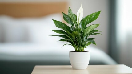 Closeup of a vibrant green peace lily houseplant placed on a bedside table promoting better air and a sense of calm and tranquility in the bedroom or home office environment