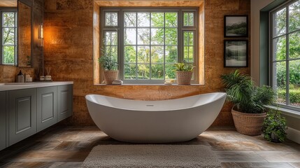 Fototapeta premium Elegant bathroom design featuring a freestanding tub and natural light in a serene environment