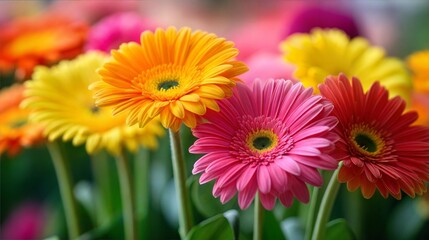 Colorful gerbera daisies in pink, orange, and yellow shades in a vibrant floral garden. Nature and spring concept.