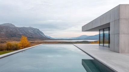 Obraz premium Minimalist concrete house overlooking a glassy lake, surrounded by untouched wilderness concrete house, minimalist lake view