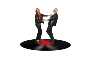 Creative abstract template collage of funny trendy mature senior couple anniversary dating dancing vinyl retro vintage record have fun