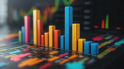 Obraz premium A colorful bar graph showcasing data trends against a dark background, illustrating analysis and visualization techniques.