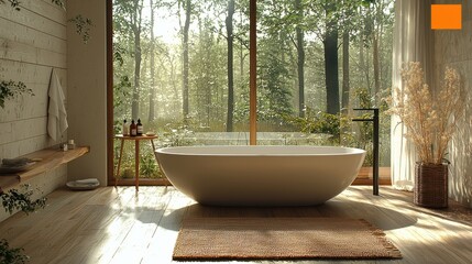 Fototapeta premium Luxurious minimalist bathroom with a view of a serene forest during golden hour