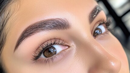 Fototapeta premium A close-up of a woman's eyebrows adorned with delicate, shimmering brow gel, capturing the light and enhancing the natural shape and definition