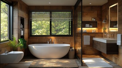 Fototapeta premium Modern bathroom with natural light and wooden accents featuring a soaking tub and large windows
